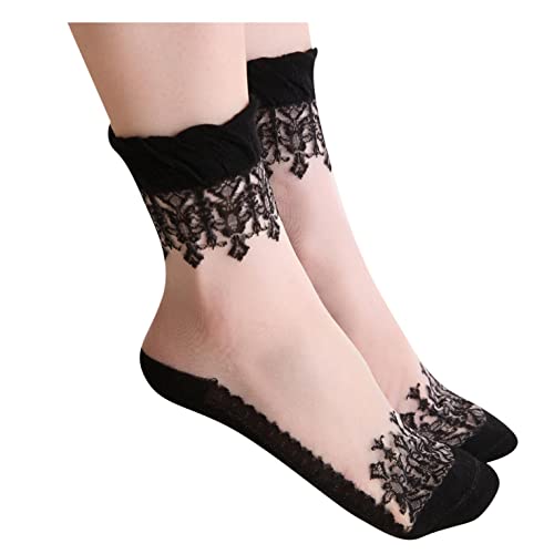 TIMIYUYU Damen Spitze Socken Damen mit Rüschen Elastische Transparente Söckchen Mode Ultradünne Schöne Spitze Socken Kristall Spitze Socken Lace Strumpf Gothic Spitzensocken Sommer Socks von TIMIYUYU