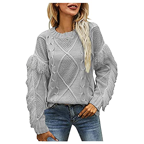 TIMIYUYU Damen Strickpullover Lässiger Strick Pullover mit Fransen Rundhals Pulli Mode Strickpulli Langarm Strick Sweater Sweatshirt Fransen Oberteile für Herbst Winter (Grau, L) von TIMIYUYU