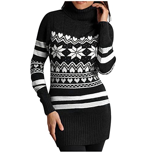 TIMIYUYU Damen Weihnachts Strickkleid Elegant Rollkragen Pulloverkleid Winter Warme Pullikleid Lang Strick Pullover Minikleid Wickelkleid Tunika Kleid Sweater Tops (Schwarz, XXL) von TIMIYUYU