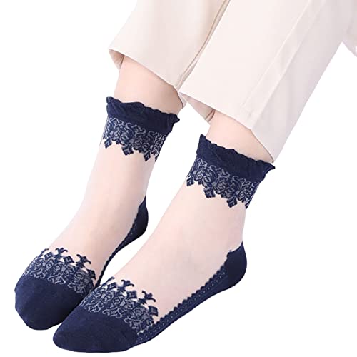 TIMIYUYU Durchsichtige Söckchen Knöchelhohe Strumpfwarensocken Dünne Feinsöckchen Netzsocken Spitze Muster Damensocken Kurz Sheer Stocking Sheer Ankle Socks Thin Nylon Transparent (Navy, One Size) von TIMIYUYU