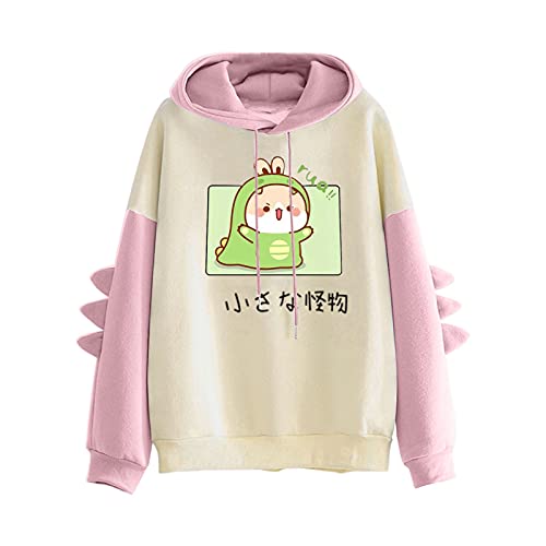 TIMIYUYU Hoodie Kawaii Kapuzenpullover Damen Cute Cartoon Dino Teenager Mädchen Hoodie Sweatshirt Pullover mit Kapuze Langarmshirt Bluse Tops Casual Sports Oberteile Outwear (Rosa2, S) von TIMIYUYU