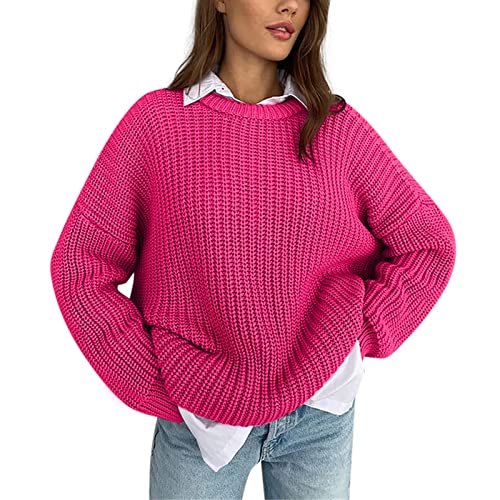 TIMIYUYU Strickpullover Damen Grobstrick Pullover Winterpullover Vintage Grobstrickpullover Sweatshirt Strickpulli Sweater Casual Pulli Oberteile Winter Warm Outwear Knitted Weihnachten (Hot Pink, L) von TIMIYUYU