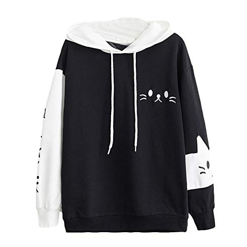 TIMIYUYU Süße Teenager Mädchen Kawaii Hoodies Damen Katze Tier Drucken Kapuzenpullover Sweatshirt Kapuze Sport Outerwear Bequem Casual Pulli Oberteile Langarm Hoodie Bluse Tops (Schwarz, L) von TIMIYUYU