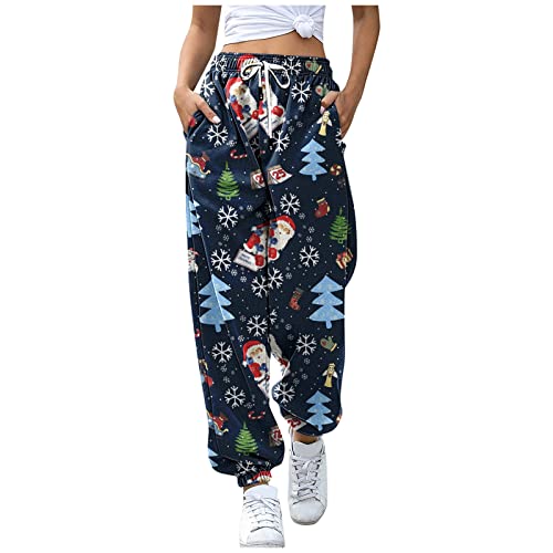 TIMIYUYU Weihnachten Jogginghose Damen Weihnachts Sporthose Casual Trainingshose Streetwear mit Taschen Herbst Winter Sport Yogahosen Laufhose Christmas Geschenk für Frauen (Dunkelblau, M) von TIMIYUYU