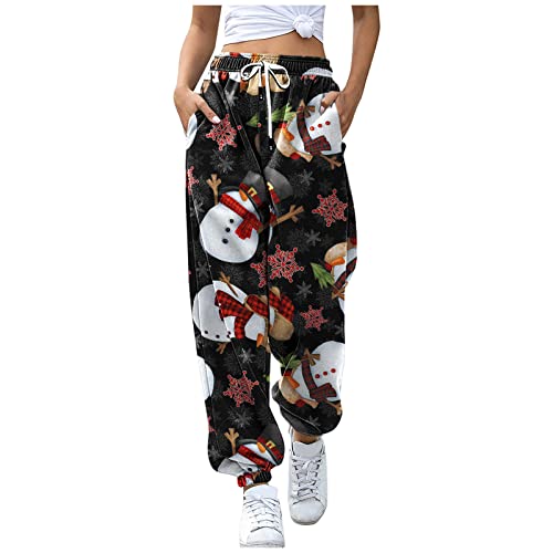 TIMIYUYU Weihnachten Jogginghose Damen Weihnachts Sporthose Casual Trainingshose Streetwear mit Taschen Herbst Winter Sport Yogahosen Laufhose Christmas Geschenk für Frauen (Schwarz3, XXL) von TIMIYUYU
