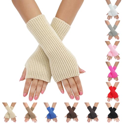 TIMIYUYU Winter Gestrickte Handschuhe für Damen Warm Strick Handschuhe Pluswärmer Handstulpen Fingerlose Armstulpen Feinstrick Lang Handwärmer Stulpen Winter Halb Fingerhandschuhe (Pink, One Size) von TIMIYUYU