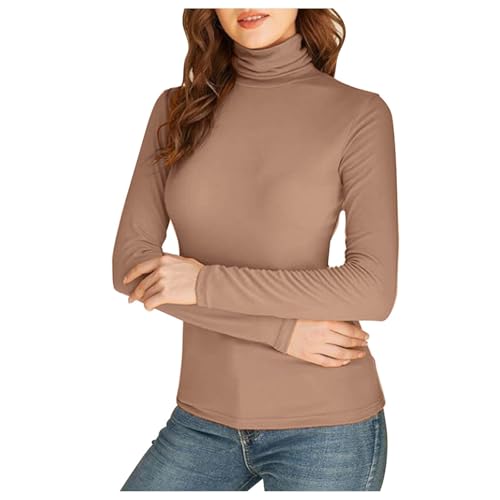 Thermo Rollkragenshirt Damen Warm Langarmshirt mit Stehkragen Elegant Rolli Langarm Bequem Rollkragenpullover Stretch Pullover Langarm Unterhemd Slim Fit Skiunterwäsche Thermounterwäsche (Khaki, XXL) von TIMIYUYU