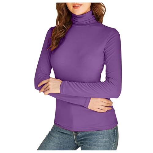Thermo Rollkragenshirt Damen Warm Langarmshirt mit Stehkragen Elegant Rolli Langarm Bequem Rollkragenpullover Stretch Pullover Langarm Unterhemd Slim Fit Skiunterwäsche Thermounterwäsche (Purple, XXL) von TIMIYUYU