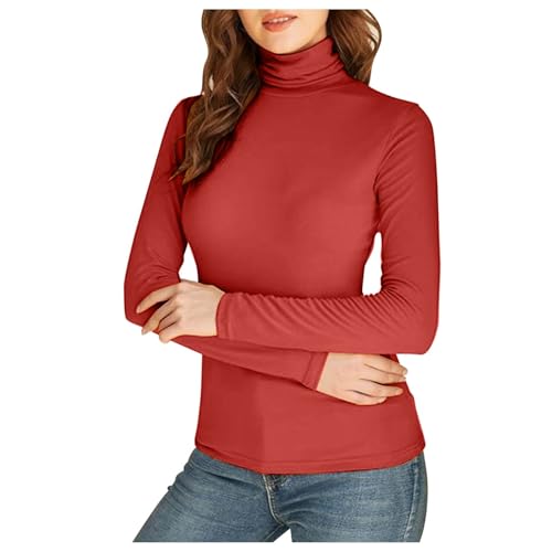 Thermo Rollkragenshirt Damen Warm Langarmshirt mit Stehkragen Elegant Rolli Langarm Bequem Rollkragenpullover Stretch Pullover Langarm Unterhemd Slim Fit Skiunterwäsche Thermounterwäsche Warm (Red, M) von TIMIYUYU