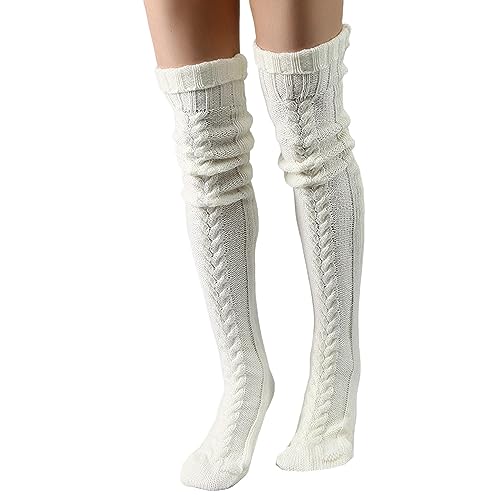 Warme Überknie Kniestrümpfe Trachtenstrümpfe Grobstrick Wintersocken Thermosocken Lange Damen Strümpfe Strick Overknee Socken Dicke Warme Kuschelsocken für Frauen High Knee Socken (White, One Size) von TIMIYUYU