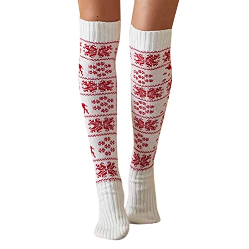 Weihnachten Kniestrümpfe Overknee Strümpfe Winter Socken Weihnachtssocken Elastisch Kniestrümpfe Wintersocken Damensocken Weihnachtenstrümpfe Thermo Weihnachten Legwarmers Strick (a-White, One Size) von TIMIYUYU