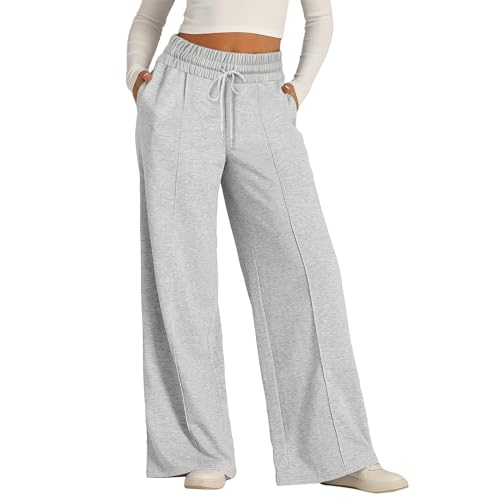 Weites Bein Jogginghose Damen Yogahose Freizeithose Trainingshose Baggy Hose Sporthose Aktive Freizeit Gerades Bein Kordelzug Lockere Hose Bequem Sweatpants High Waist Jogging Hose (2-Grey, S) von TIMIYUYU