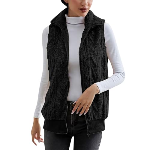 Weste Damen Ärmellose Teddy Fleeceweste Damen Plüschweste Übergangsweste Casual Thermoweste Fleece Outdoor Weste Reißverschluss Regular fit Bequem Ärmellos Cardigan Jacke Longweste (Black-2, XL) von TIMIYUYU