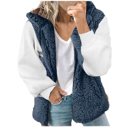 Weste Damen Ärmellose Teddy Fleeceweste Damen Plüschweste Übergangsweste Casual Thermoweste Fleece Outdoor Weste Reißverschluss Regular fit Bequem Ärmellos Cardigan Jacke Longweste (Blue-4, XXL) von TIMIYUYU
