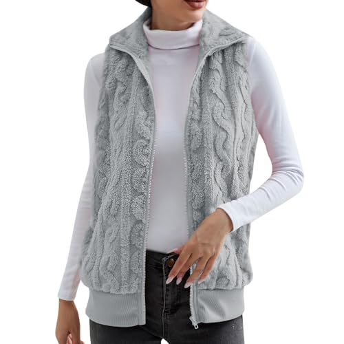 Weste Damen Ärmellose Teddy Fleeceweste Damen Plüschweste Übergangsweste Casual Thermoweste Fleece Outdoor Weste Reißverschluss Regular fit Bequem Ärmellos Cardigan Jacke Longweste Westen (Grey-3, XL) von TIMIYUYU