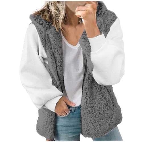 Weste Damen Ärmellose Teddy Fleeceweste Damen Plüschweste Übergangsweste Casual Thermoweste Fleece Outdoor Weste Reißverschluss Regular fit Bequem Ärmellos Cardigan Jacke Longweste Westen (Grey-4, L) von TIMIYUYU