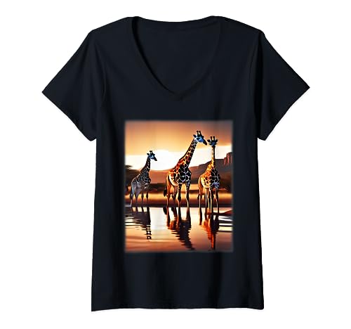 Damen Giraffen Afrika Tier Motiv Aufdruck Giraffa camelopardalis T-Shirt mit V-Ausschnitt von TIMOWO - Africa Tiermotiv Giraffenmotiv Tierwelt