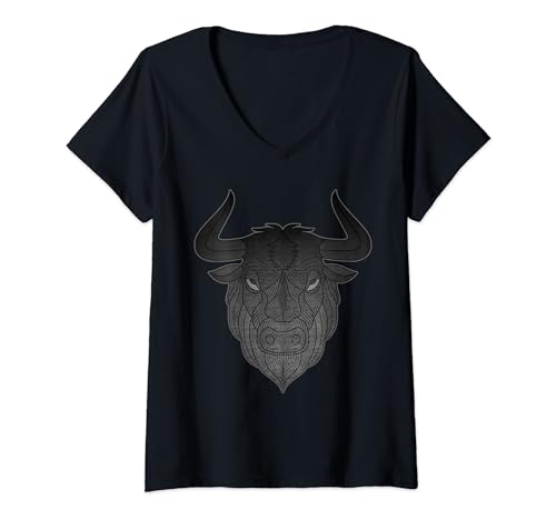 Damen Jersey Kuhmotiv Landwirt Kuh Motiv Tier Aufdruck mit Rind T-Shirt mit V-Ausschnitt von TIMOWO - Bauernhof Stier Tierkopf Tierwelt