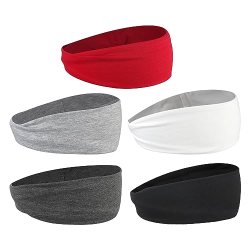 5 Stück Unisex Elastischer Haarreif Weiches Sport Haarband Atmungsaktives Kopftücher einfarbiges Baumwoll Haargummis Moden Anti-Rutsch Stirnband für Laufen, Yoga, Fitness, Ballspiele von TINAYAUE