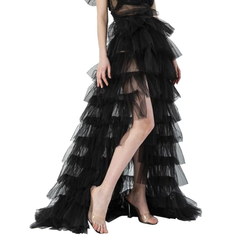 Damen Asymmetrischer Netzrock Elegant Tüllrock Langes Kleid mit hoher Taille bodenlang, geschichtet Faltenrock Dünn Skirt Fluffy Princess Röcke für Hochzeiten, Cocktailpartys, Partys, Abendessen von TINAYAUE