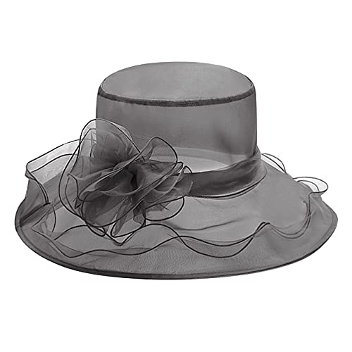 Damen Elegante Organza Hut Sommer Sonnenschutz Kappe Frauen Cap Temperament Retro Damenhut Mesh Melone Damenmütze mit abnehmbaren Blumen Rüschenhut faltbarer Hut für Reisen Urlaub Hochzeit Kirche von TINAYAUE