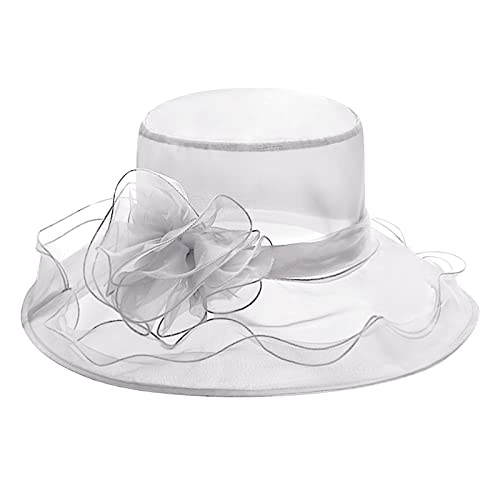 Damen Elegante Organza Hut Sommer Sonnenschutz Kappe Frauen Cap Temperament Retro Damenhut Mesh Melone Damenmütze mit abnehmbaren Blumen Rüschenhut faltbarer Hut für Reisen Urlaub Hochzeit Kirche von TINAYAUE