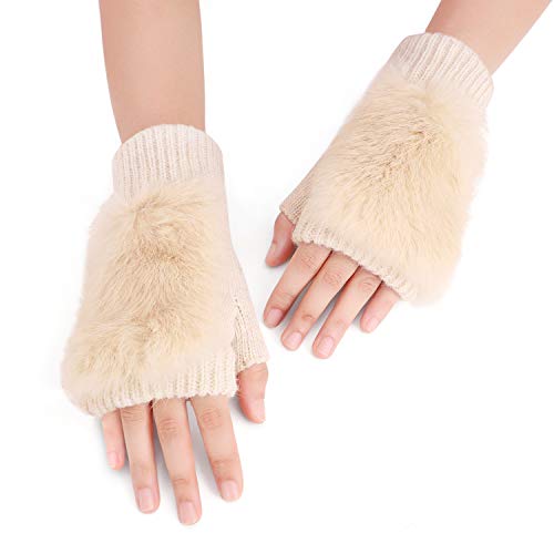 Damen Halbfinger-Handschuhe Synthetische Kaninchenfell-Handschuhe Warme Strickhandschuhe Winter Fäustlinge Handwärmer Mädchen Weich Kälteschutz Fingerlose Handschuhe für Tippen, Studium, Sport von TINAYAUE