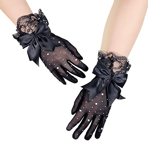 Damen Kurzbogen Spitzenhandschuhe Elegante Sexy Mesh Handschuhe Spitzenbesatz Anzughandschuhe mit Strass Vintage Opernhandschuhe für Halloween cosplay Hochzeit Opera Tanzparty Konzert Karneval von TINAYAUE