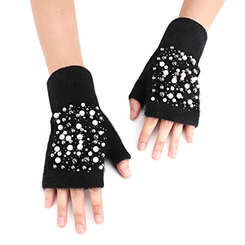 Frauen Winter Halbfinger-Handschuhe Warme Strickhandschuhe Strasssteine Perlen Fingerlose Handschuhe Weich Stretchhandschuhe Mädchen Kälteschutz Kaninchenfell-Handschuhe für Tippen, Studium, Sport von TINAYAUE