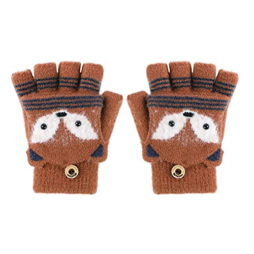 Halbfinger-Flip-Handschuhe für Kinder Unisex Cartoon Plüsch Fuchs Handschuhe Winter warme hautfreundlich Strickhandschuhe Klienkind süße Fäustlinge mit Knöpfen für 6-10 Jahre alte Jungen Mädchen von TINAYAUE