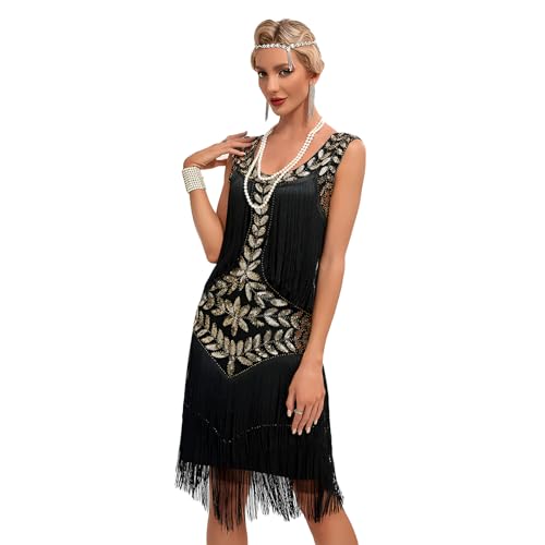 TINAYAUE Damen Pailletten Kleid 1920s Vintage Kleid Glänzend Damenrock mit Fransen Elegante Runder Ausschnitt Abendkleider Schöne Abschlussballkleid für Karneval, Bälle, Cocktail Party von TINAYAUE