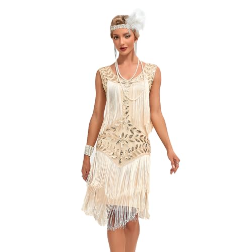 TINAYAUE Damen Pailletten Kleid 1920s Vintage Kleid Glänzend Damenrock mit Fransen Elegante Runder Ausschnitt Abendkleider Schöne Abschlussballkleid für Karneval, Bälle, Cocktail Party von TINAYAUE