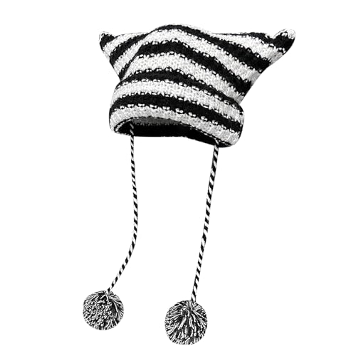 TINAYAUE Damen Strickmütze Niedliche Katzenohren Hut Winter Warme Mütze Stilvolle gestreifte Wollmütze Mädchen Gestrickte Katzenmütze Winddicht Beanie Kleidung Accessoires für Erwachsene, Kinder von TINAYAUE