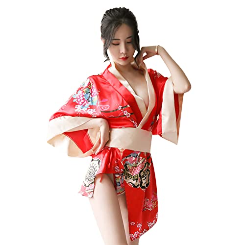 TINAYAUE Damen Traditioneller japanischer Kimono Sexy Dessous Japanische Strickjacke Schnür Kimono Yukata-Kleidung im Kimono-Stil Cosplay-Unterwäsche Retro-Pyjama Kimono Anzug Bademantel Pyjama von TINAYAUE