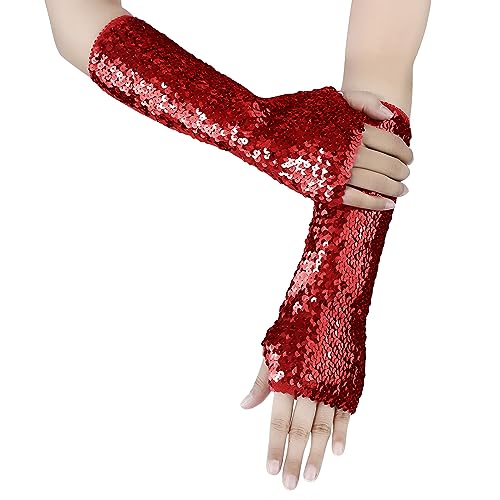 TINAYAUE Frauen Moden Pailletten-Handschuhe Weich Pailletten Manschetten vGlitzernde fingerlose Handschuhe Elastizität Halbfingerhandschuhe mit Pailletten für Rollenspiele, Partei, Opernaufführung von TINAYAUE