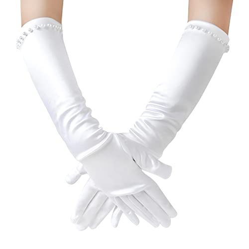 TINAYAUE Mädchen Satin Handschuhe Prinzessin lange Handschuhe Hochzeit Kleid Perlenhandschuhe Bekleidungszubehör für Hochzeit, Karneval, Mottoparty von TINAYAUE