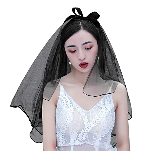 TINAYAUE Vintage Schleife Schwarzer Schleier Hochzeitsschleier Brautschleier Braut Hochzeit weicher Tüll schwarz mit Schleife Hochzeitskleid Accessories Braut Kopfschmuck Foto Requisiten von TINAYAUE