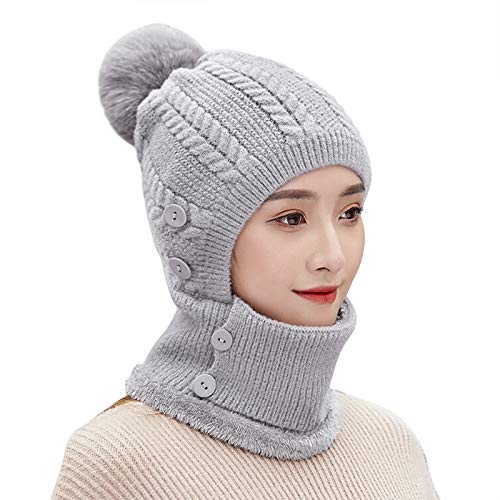 Warme Damenmütze, Halswärmer, Wintermütze, Strickmütze, dick, mit abnehmbarem Deckel, winddicht, mit großem Bommel, Nackenschutz, Unisex, für Sport, grau, 57-59 von TINAYAUE