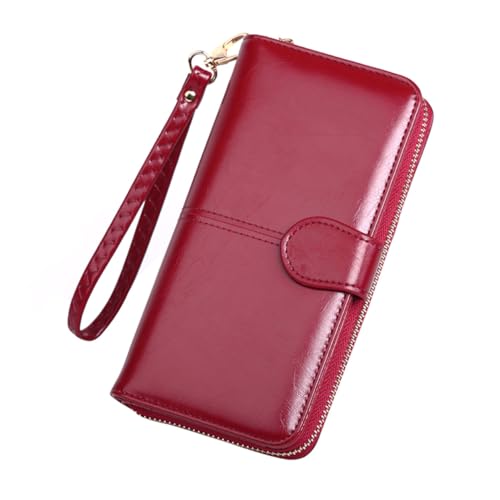 TINEASUR 1stück Damen Geldbörse Aus Öl-wachs-Leder Längliche Handtasche Mit Reißverschluss Und Druckknopf Rotes Design Für Alltag Und Besondere Anlässe Großer Stauraum Für Karten von TINEASUR