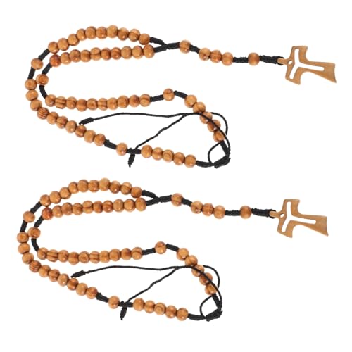 TINEASUR 2 Stück Seilheisenkette Rosenkranz Halskette Perlenschmuck Kruzifix Halskette Zauber handgefertigte Halsketten rustikale Perlenkette Böhmische Perlenkette Holz Hellbraun von TINEASUR