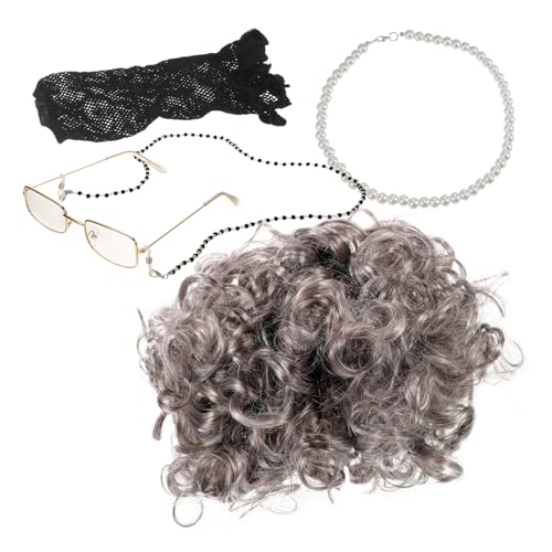 TINEASUR Perücke Für Brille Und Halskette Set Kostüm-requisiten Für Frauen Graue Perücke Mit Realistischen Locken Accessoires Für Cosplay von TINEASUR