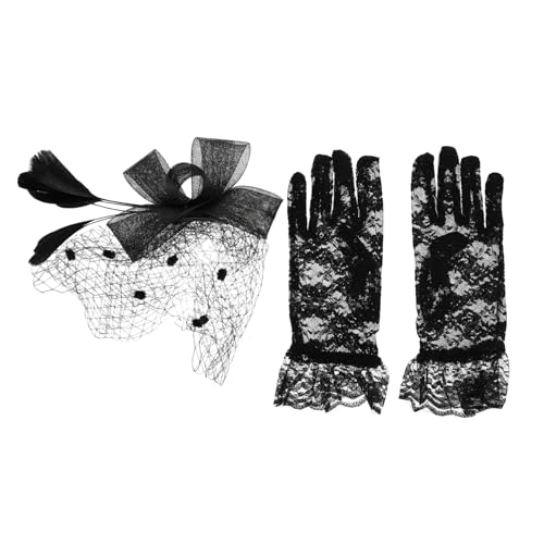TINEASUR Halloween-Schleierhut und Spitzenhandschuhe-Set Damen-Fascinator-Hut mit Schleife für Bankett-Cocktailparty von TINEASUR