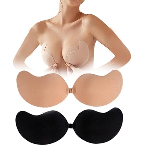TINGJO Klebriger BH Klebe Unsichtbar BH Push Up Wiederverwendbar Rückenfrei Kleid Trägerloser BH für Frauen 2 Paar, Schwarz & Nude, Einheitsgröße von Hasimor