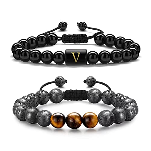 TINGN 2 Stück Herren Armbänder Tigerauge, 8 mm Naturstein Herren Initial Obsidian Armband Tigerauge Lavagestein Perlenarmbänder für Damen Herren Yoga Armbänder Geburtstagsgeschenke für Herren (V) von TINGN