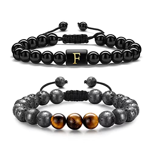 TINGN 2 Stück Naturstein Perlen Armbänder für Männer, Tigerauge Schwarzer Lavastein Obsdian Perlen Armband für Männer Aromatherapie Atherisches Öl Diffusor Armbänder Erste Armband Geschenke (F) von TINGN