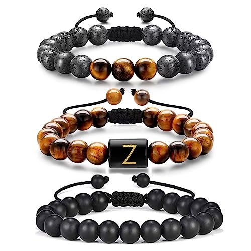 Armband Herren, 8mm Tigerauge Lavastein Herren Männer Armband Perlen Z Initial Armbänder für Herren Schmuck Perlenarmband Herren Geburtstag Jahrestag Personalisierte Geschenke für Männer Ihn Junge von TINGN