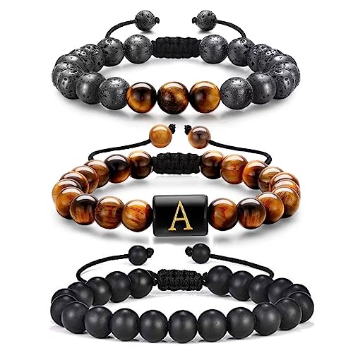 Armband Herren, Herren Männer Armband Perlen 8mm Tigerauge Lavagestein A Buchstaben Armbänder für Herren Perlenarmband Herren Herrenarmbänder Geburtstagsgeschenk Jahrestag Geschenk für Männer Ihn von TINGN