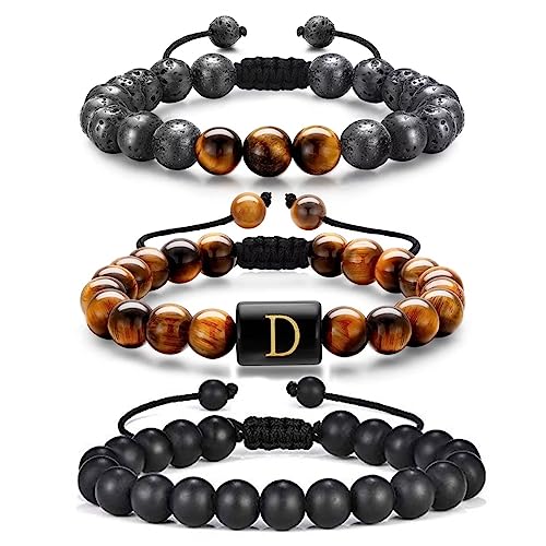 Armbander Herren, 8mm Tigerauge Lavastein Herren Männer Armband Perlen D Initial Armbänder Stress Relief Yoga Armbänder Verstellbare Anti Angst Armbänder Geburtstagsgeschenke für Männer Freund Ehemann von TINGN