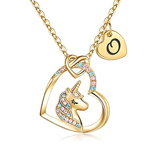 TINGN Einhorn Geschenke für Mädchen Herz Kette, 14 Karat Vergoldeter Herz Anhänger Einhorn Halskette Kette mit Buchstaben Einhorn Geschenke Gold Initiale O Einhorn Halsketten für Mädchen Schmuck von TINGN