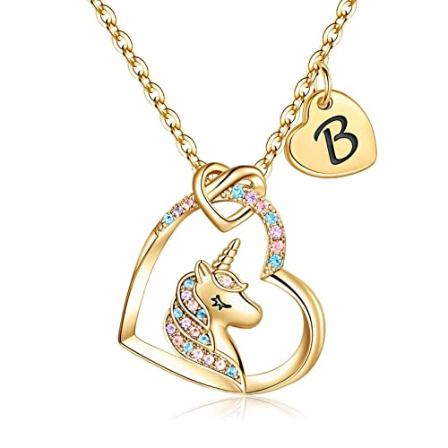 TINGN Einhorn Geschenke für Mädchen, Gold Kette mit Anhänger für Mädchen Initiale Halskette CZ Gold Einhorn Buchstaben B Kette für Mädchen Kette Gold Einhorn Halskette Mädchen Geschenke Schmuck von TINGN